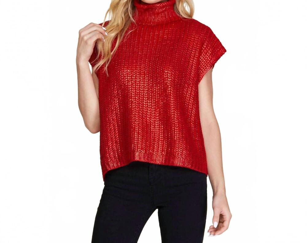 NEW SHE + SKY metallic foil short sleeve sweater top in magenta